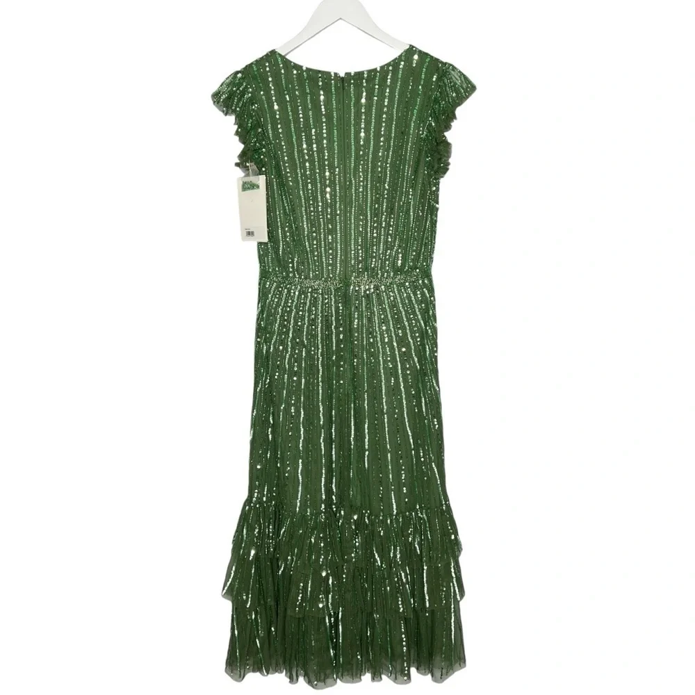 Mac Duggal Sequined Wrap Over Cap Sleeve Ruffle Hem Dress Sage Size 6 NEW - Picture 8 of 15